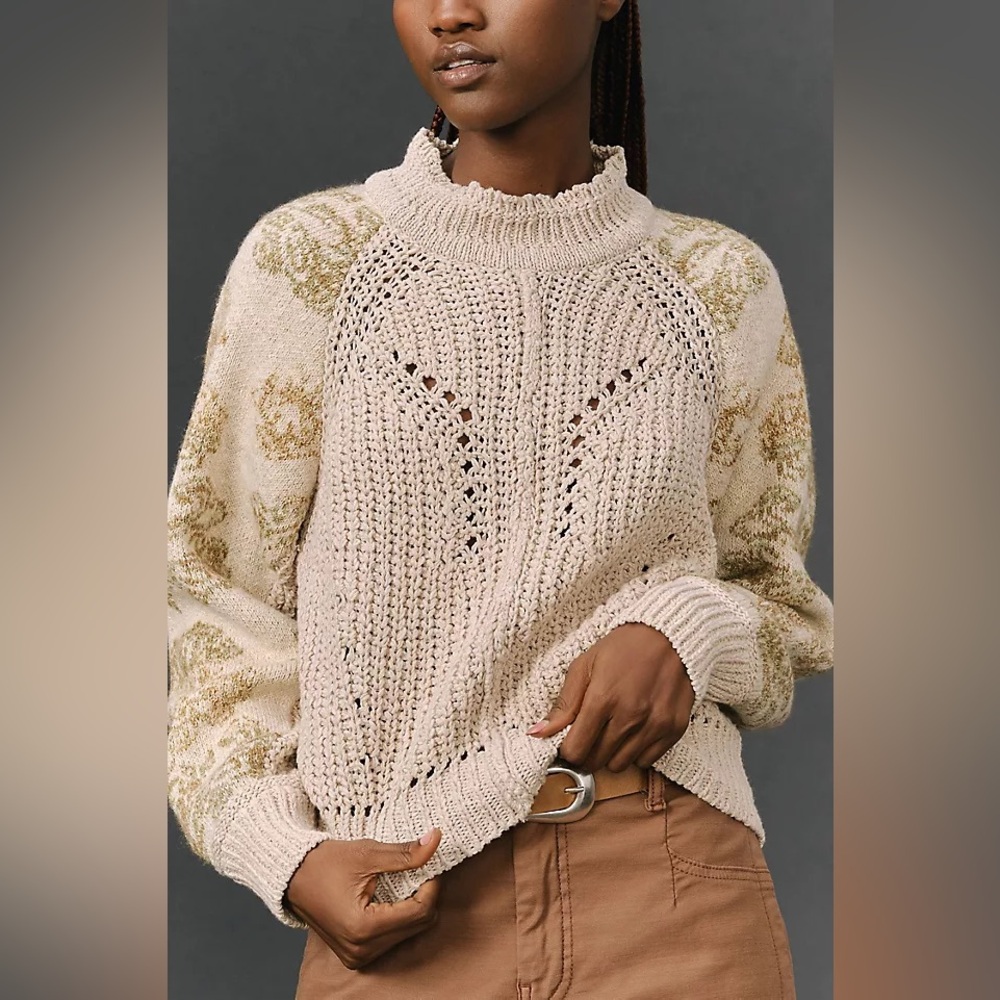 Anthropologie Mock Neck Stitched Patterned Sweater